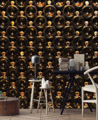 Papel pintado de botellas de vino marrón relucientes apiladas