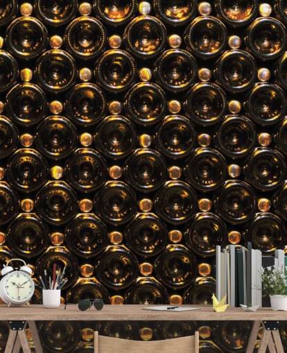 Carta da parati murale impilata con bottiglie di vino marrone scintillanti