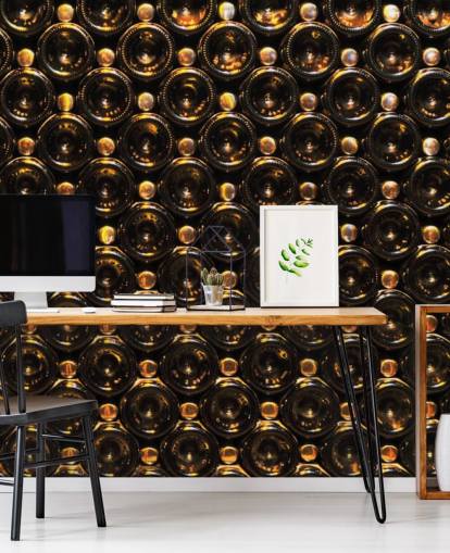 Glistening Brown Wine Bottles Stacked Wallpaper Mural