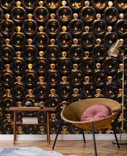 Glistening Brown Wine Bottles Stacked Wallpaper Mural
