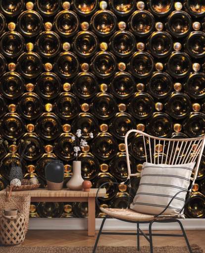 Papel pintado de botellas de vino marrón relucientes apiladas