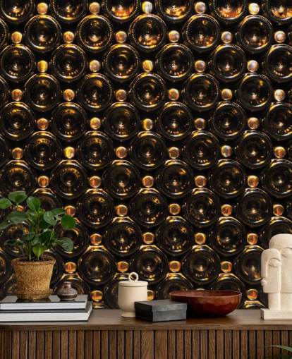 Glistening Brown Wine Bottles Stacked Wallpaper Mural