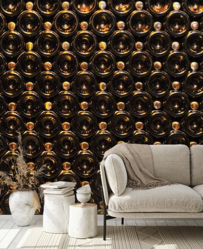 Glistening Brown Wine Bottles Stacked Wallpaper Mural