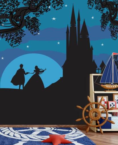 schwarze Silhouette des Schlosses, des Prinzen und der Prinzessin mit blauem Hintergrund