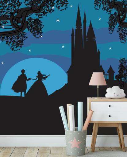 zwart silhouet van kasteel, prins en prinses met blauw achtergrondbehang