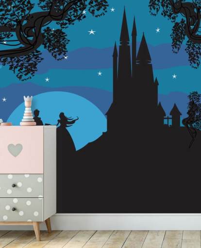 black silhouette of castle, prince and princess with blue background wallpaper