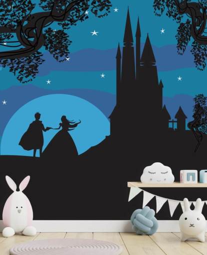black silhouette of castle, prince and princess with blue background wallpaper