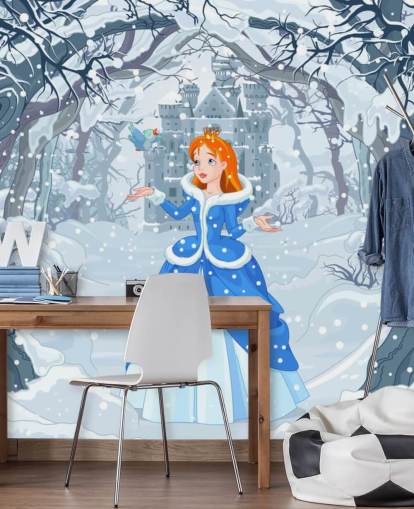 principessa nella foresta innevata con castello sullo sfondo carta da parati