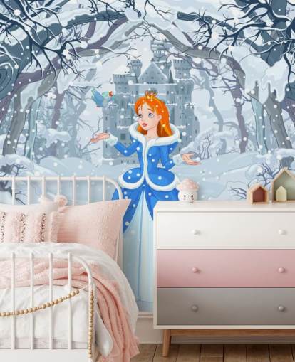 prinsesse i snødekt skog med slott i bakgrunn tapet