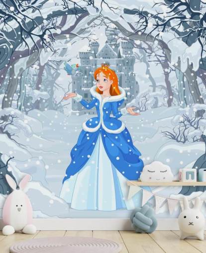 prinses in besneeuwd bos met kasteel op achtergrondbehang