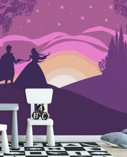 lila Sonnenuntergangshimmel mit Silhouette eines Schlosses, einer Prinzessin und ihrem Prinzen, Tapete
