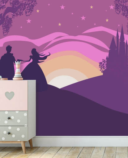 ciel de coucher de soleil violet avec silhouette de château, une princesse et son prince fond d'écran