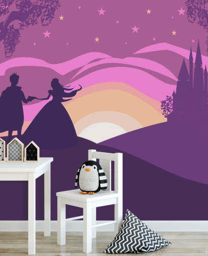 ciel de coucher de soleil violet avec silhouette de château, une princesse et son prince fond d'écran