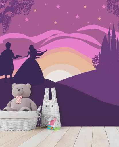 ciel de coucher de soleil violet avec silhouette de château, une princesse et son prince fond d'écran