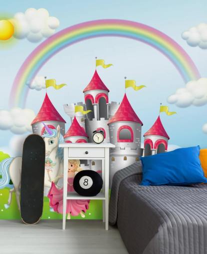 papel de parede unicórnio, princesa e castelo