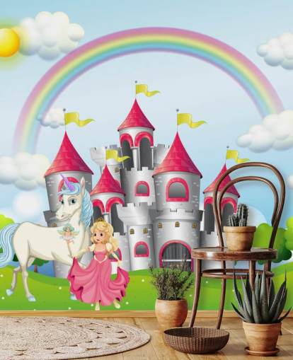 Papel pintado de unicornio, princesa y castillo