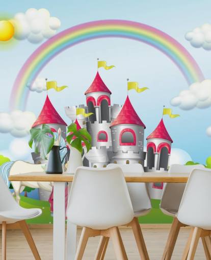 Papel pintado de unicornio, princesa y castillo