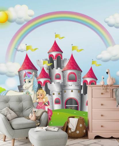 carta da parati unicorno, principessa e castello