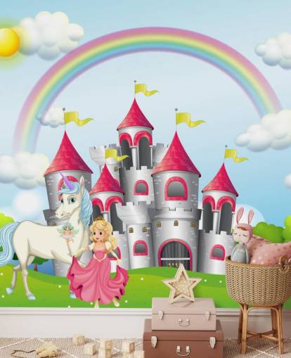 papier peint licorne, princesse et château