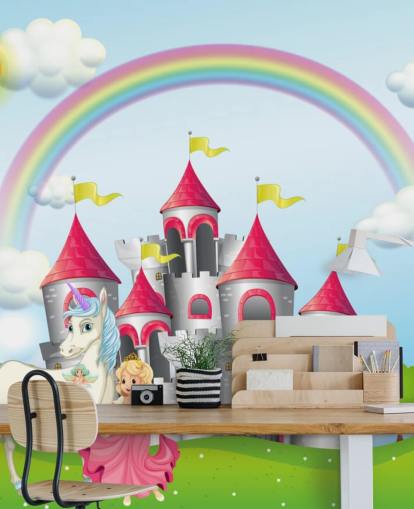 Papel pintado de unicornio, princesa y castillo