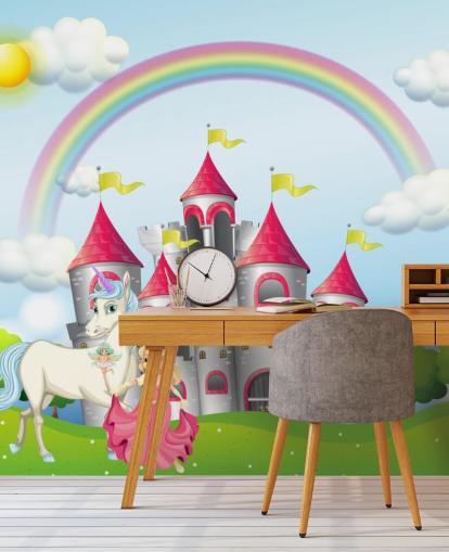 Papel pintado de unicornio, princesa y castillo Papel pintado de unicornio, princesa y castillo