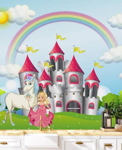 Papel pintado de unicornio, princesa y castillo