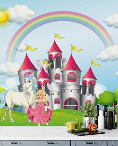 Papel pintado de unicornio, princesa y castillo Papel pintado de unicornio, princesa y castillo