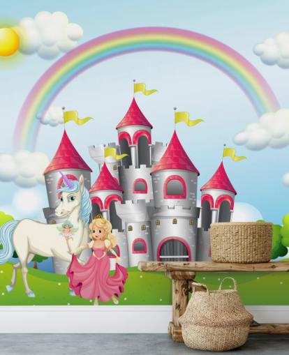 Papel pintado de unicornio, princesa y castillo