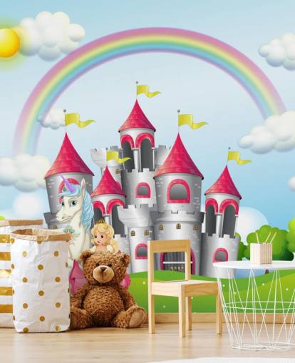 papier peint licorne, princesse et château