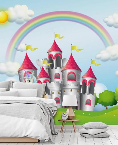Papel pintado de unicornio, princesa y castillo