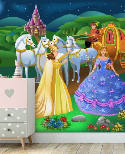 princess, fairy godmother and horse and carriage cartoon wallpaper