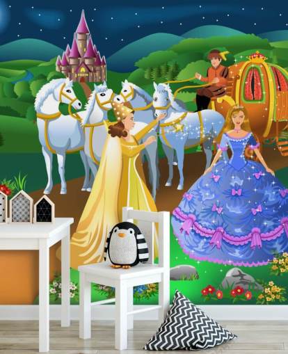 princess, fairy godmother and horse and carriage cartoon wallpaper