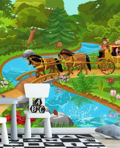 cartone animato colorato di cavallo e carrozza in carta da parati foresta incantata