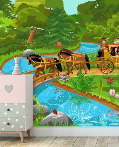 cartone animato colorato di cavallo e carrozza in carta da parati foresta incantata