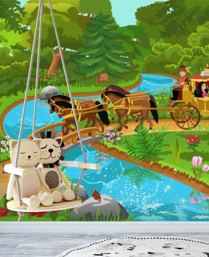 colourful cartoon of horse and carriage in enchanted forest wallpaper
