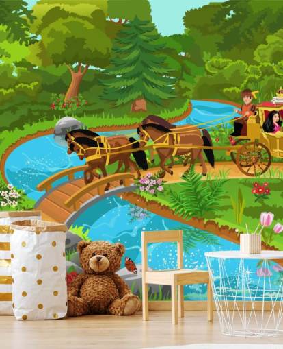 colourful cartoon of horse and carriage in enchanted forest wallpaper