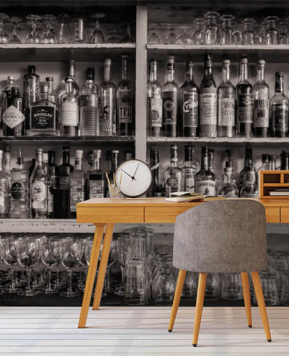 black and white bottles on shelf behind a bar wallpaper