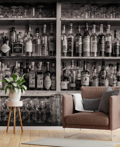 botellas en blanco y negro en el estante detrás de un fondo de pantalla de bar