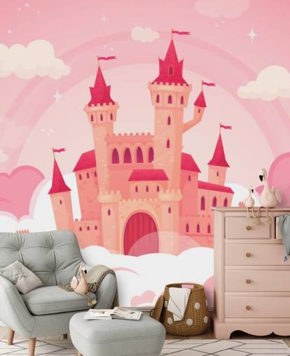 rosa Cartoon-Palast in rosa Wolken-Tapete