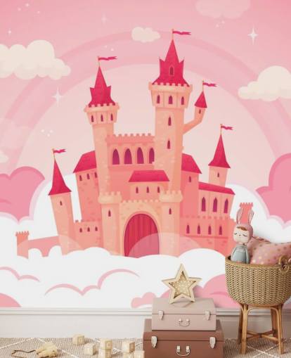 pink cartoon palace in pink clouds wallpaper