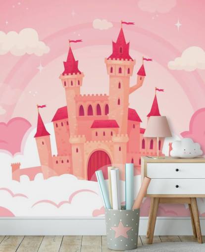 palais de dessin animé rose dans des nuages roses papier peint