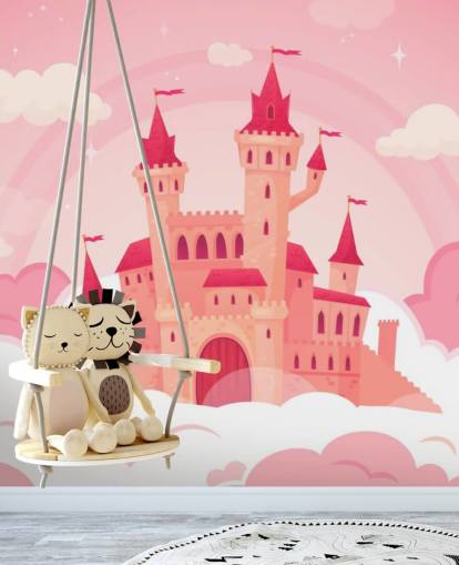 rosa Cartoon-Palast in rosa Wolken-Tapete