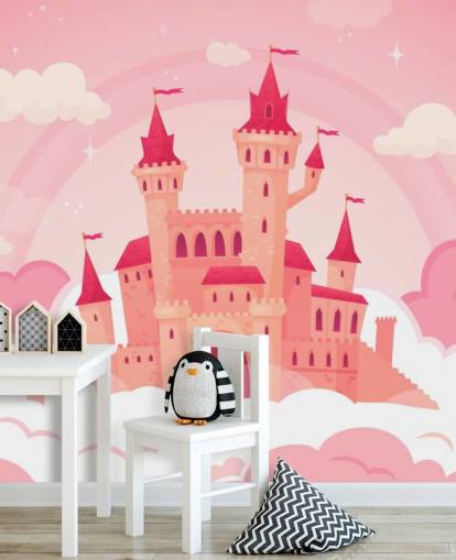 palácio rosa dos desenhos animados em nuvens rosa papel de parede