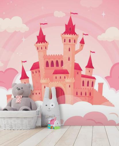palacio de dibujos animados rosa en fondo de nubes rosadas palacio de dibujos animados rosa en fondo de nubes rosadas