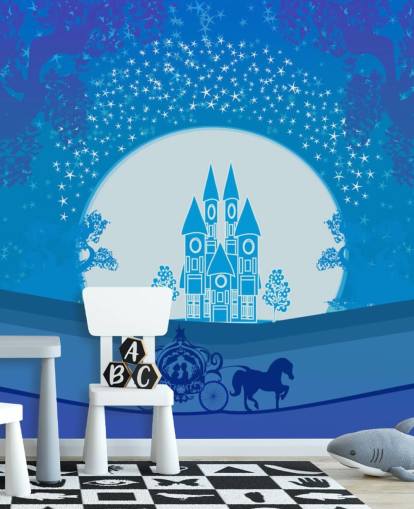 papier peint palais bleu et calèche de citrouille de Cendrillon