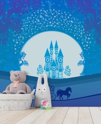 papier peint palais bleu et calèche de citrouille de Cendrillon