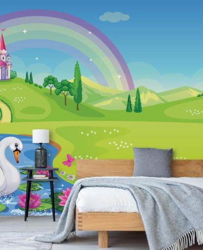 papel pintado princesa palacio, cisne y arco iris