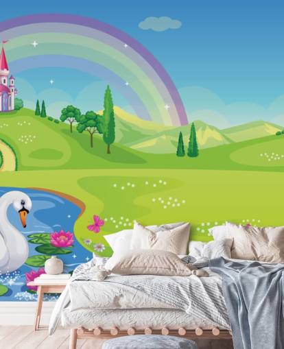 papel pintado princesa palacio, cisne y arco iris