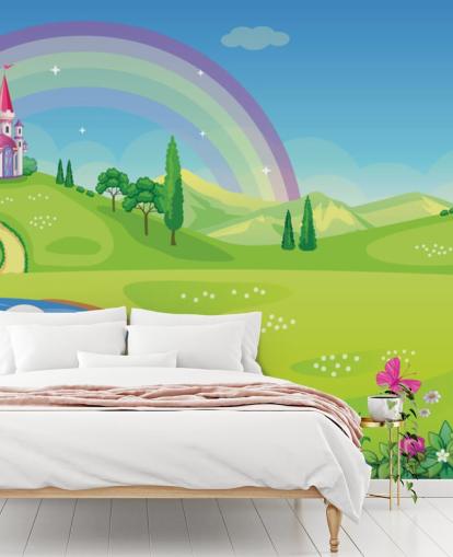 papel pintado princesa palacio, cisne y arco iris