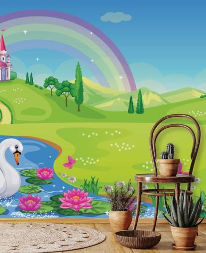 papel pintado princesa palacio, cisne y arco iris